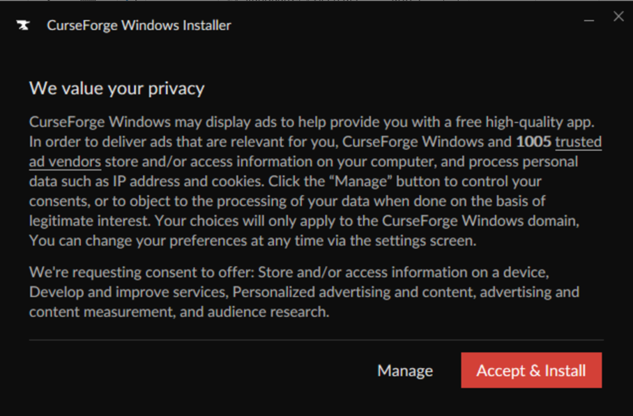 CurseForge installer privacy settings